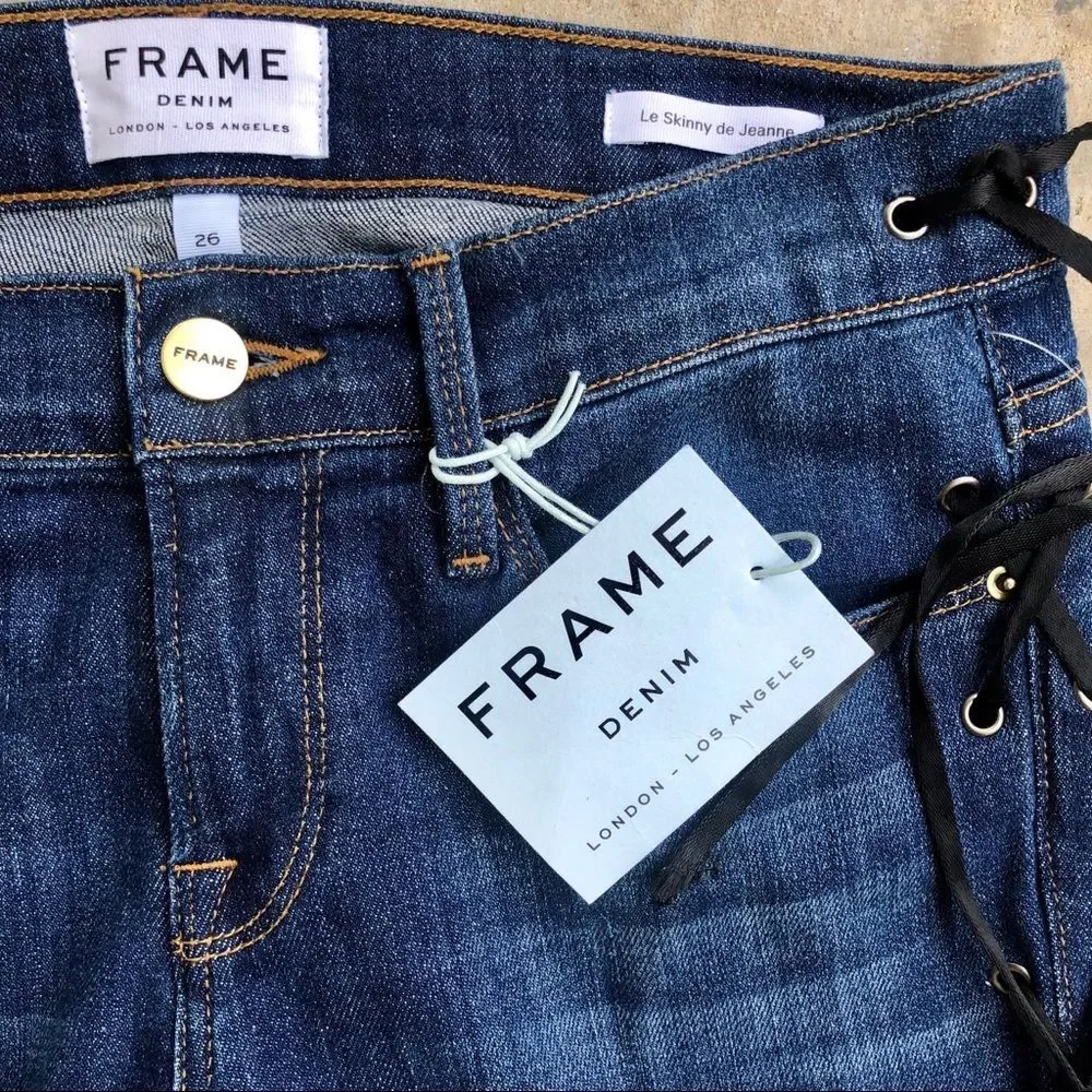 FRAME Le Skinny de Jeanne Lace Up Jeans 26 Raw Hem Fray Designer Denim NWT